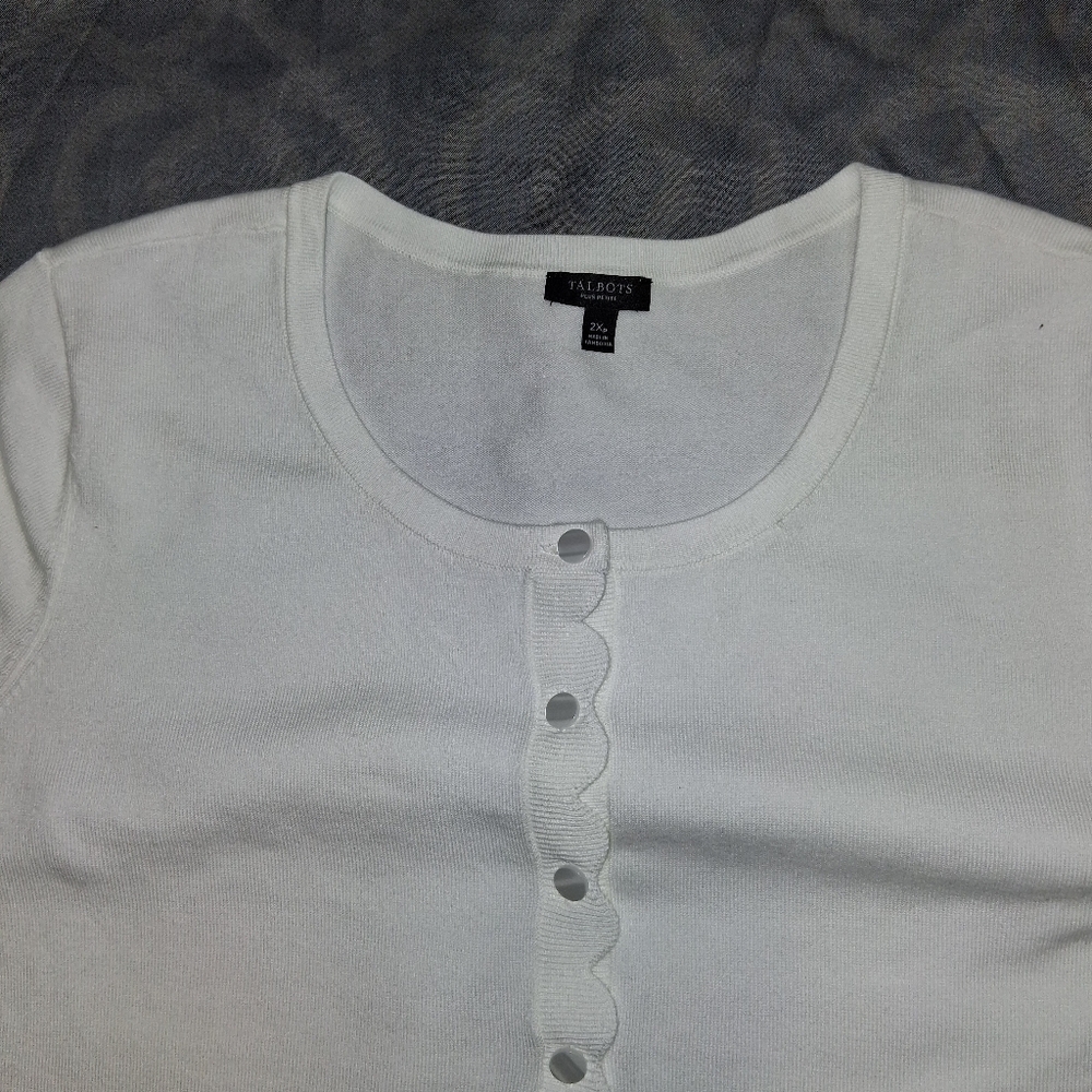 Talbots Plus Petite Women Size 2XP White Scalloped Button-Down Shirt - Picture 6 of 16